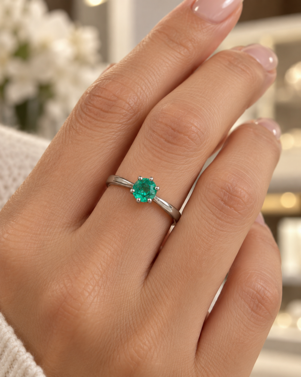 Anillo de oro blanco 18k con esmeralda natural usado en la mano