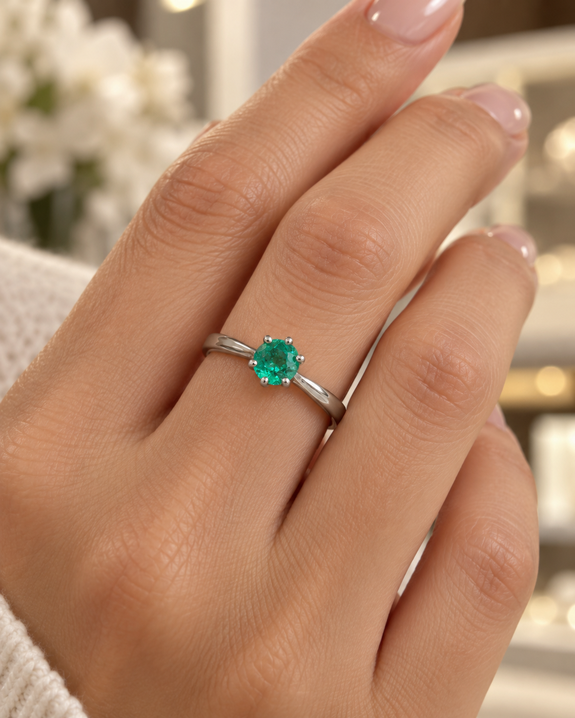 Anillo de oro blanco 18k con esmeralda natural usado en la mano