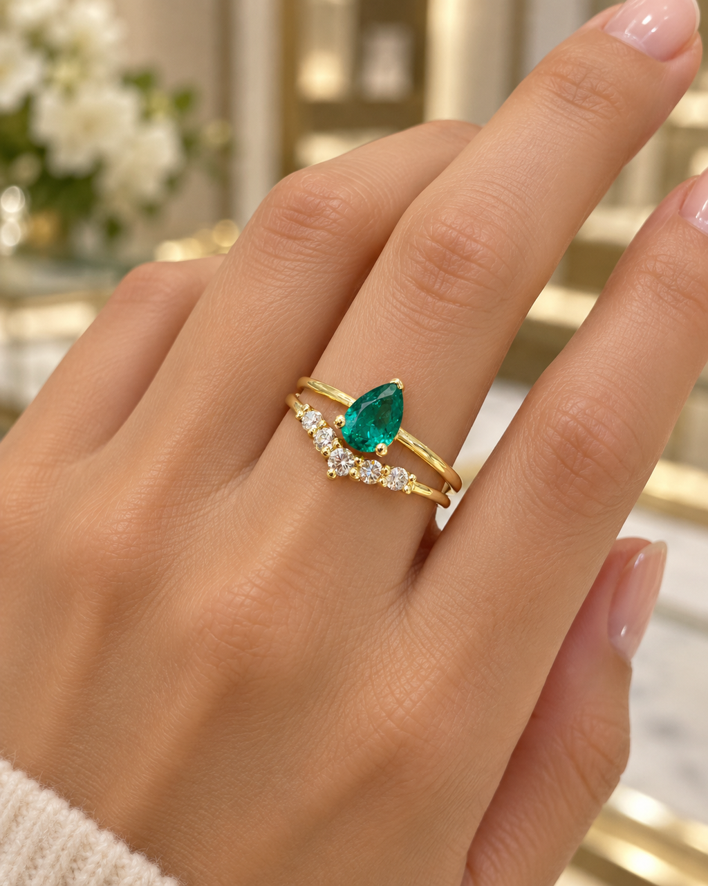 Argolla y pisa argolla en oro 18k con esmeralda natural y diamantes