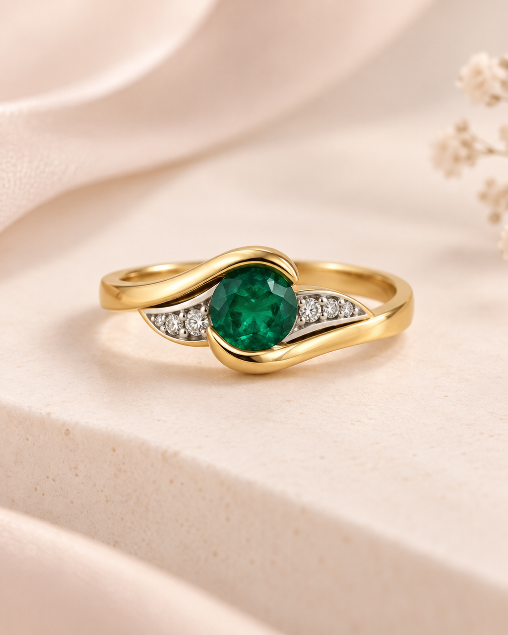 Anillo de dos oros 18k con esmeralda natural y diamantes