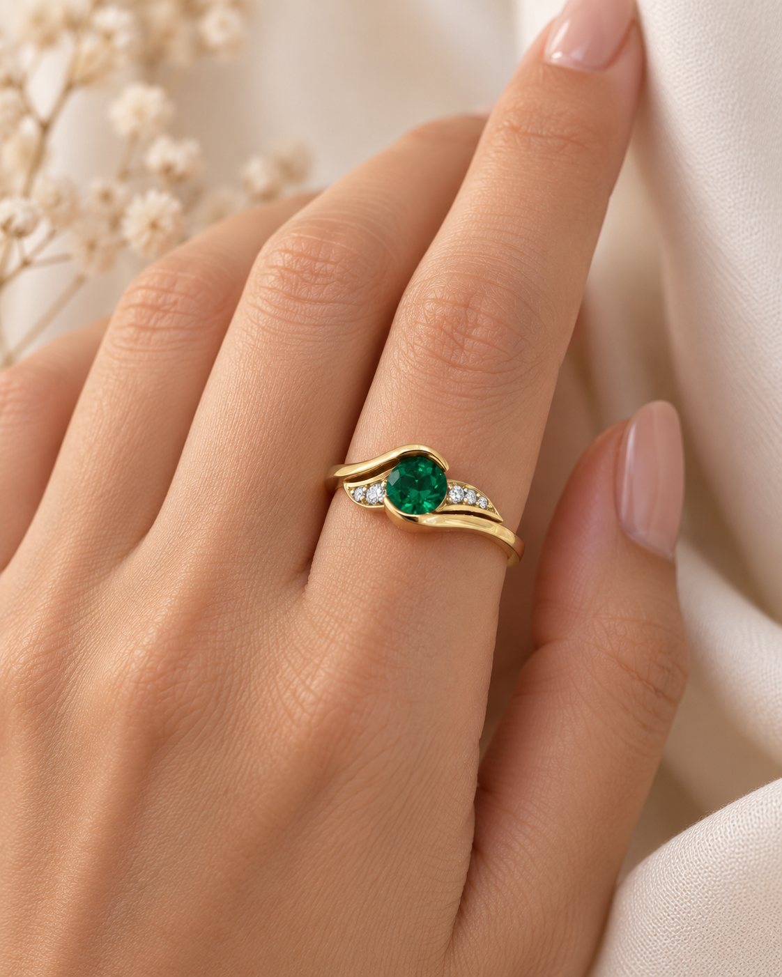 Anillo de dos oros 18k con esmeralda natural y diamantes