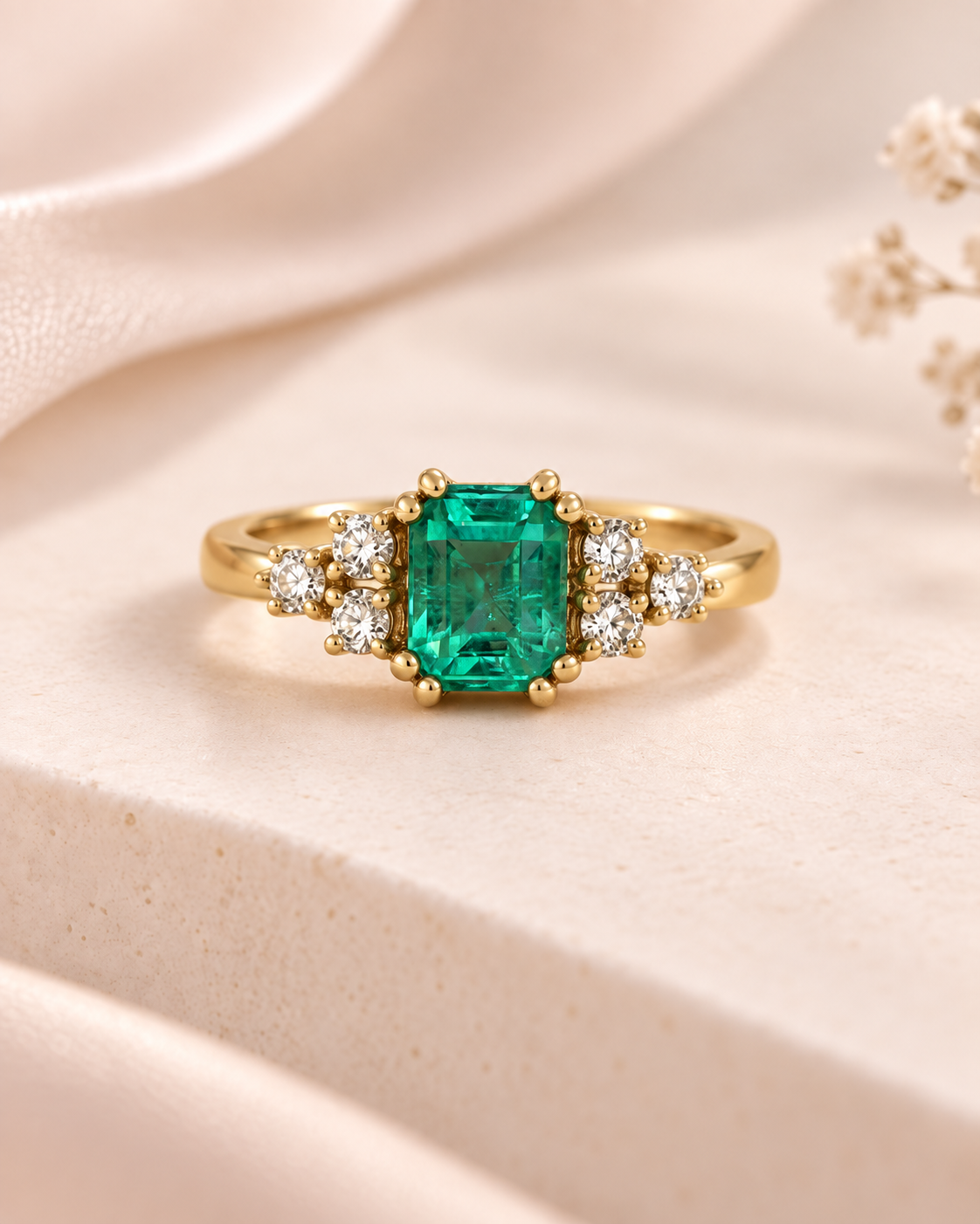 Anillo oro 18k con esmeralda natural y diamantes
