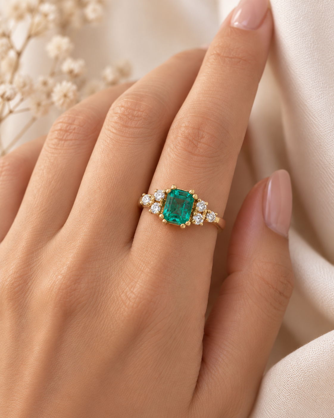 Anillo oro 18k con esmeralda natural y diamantes