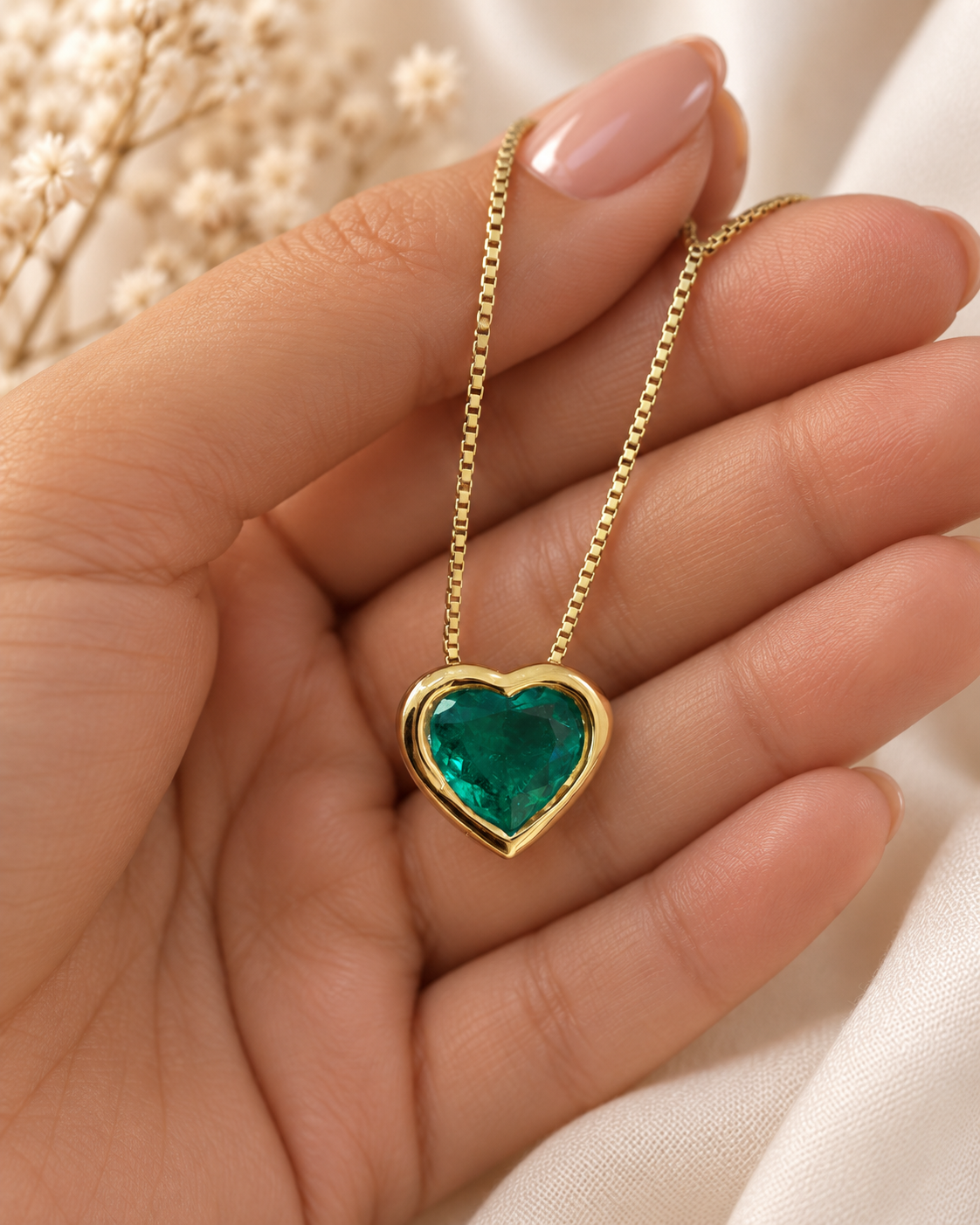 Gargantilla oro 18k con esmeralda natural corte corazón